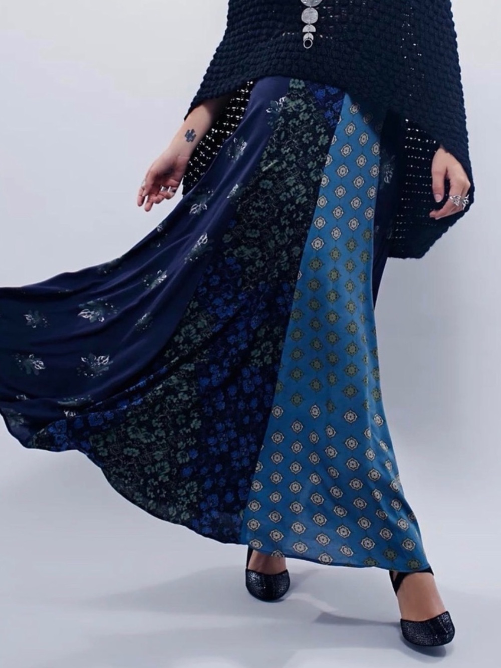 Free People Floral Patchwork Maxi Skirt in Navy and Teal Size 8